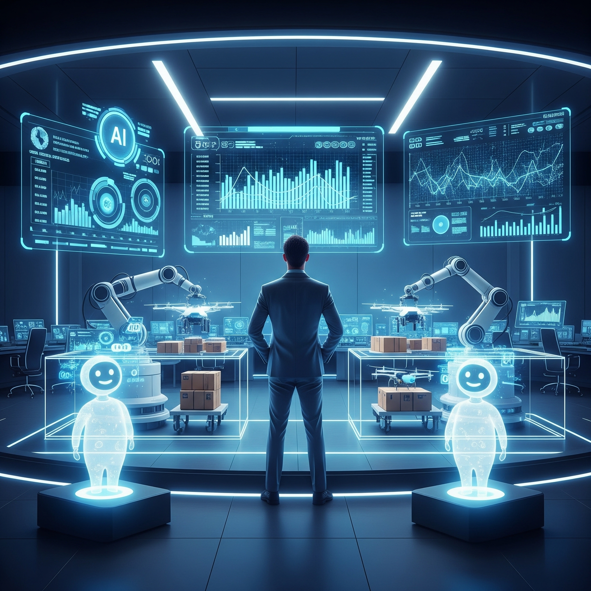 Futuristic business control center with holographic AI dashboards, predictive analytics, chatbot avatars, robotic arms, and a leader overseeing operations.